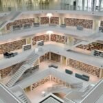 WLAN Analyse Spacious multi-story library interior in Stuttgart showcasing modern architecture and design.